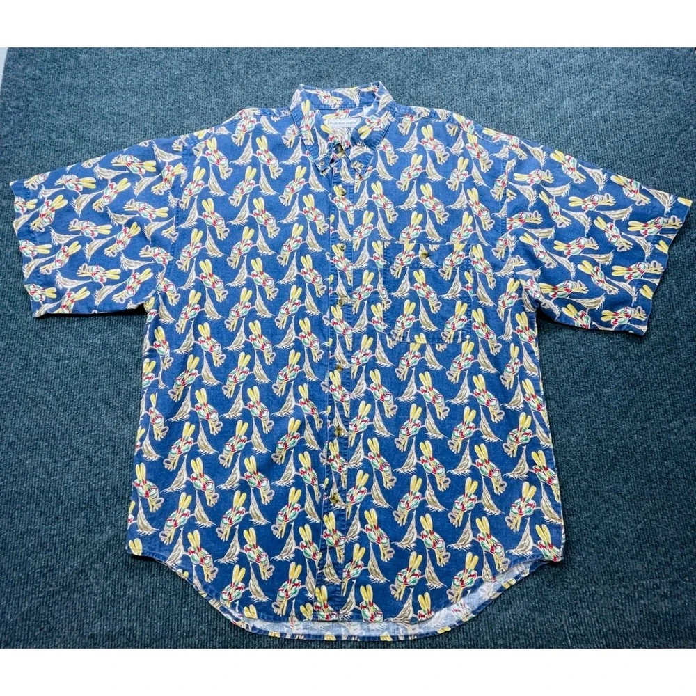 Bugle Boy Vintage 90s Short Sleeve Button Down Shirt XL‎ Blue Abstract Print